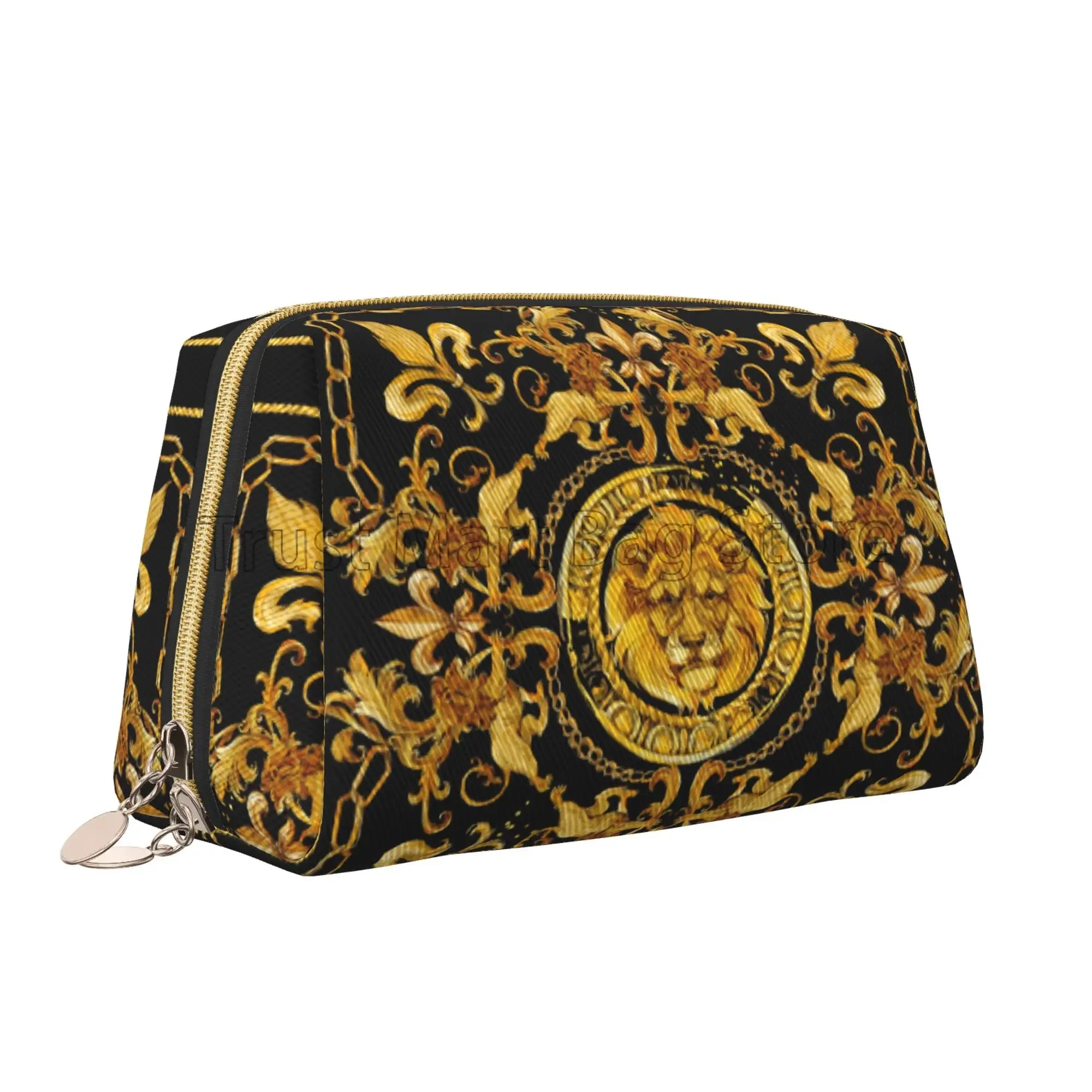 Golden Lion Baroque Print Leather Makeup Bag Large Capacity Travel Storage Pouch Portable Toiletry Cosmetic Bag for Women