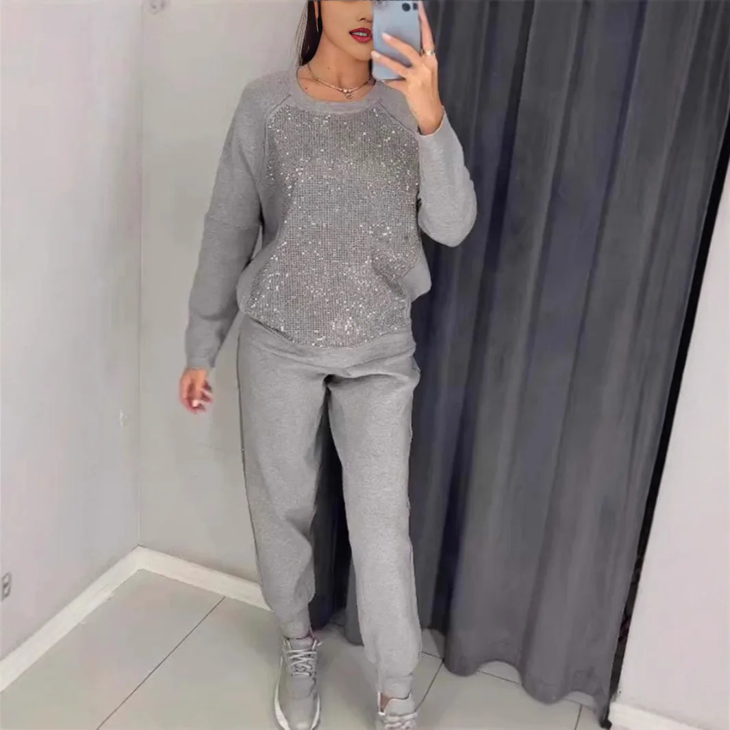 Casual Loose Sequins Patchwoek Sweatshirt Outfits Women Fashion Solid Pencil Pants Sets Spring New Sports Pants Two Piece Sets