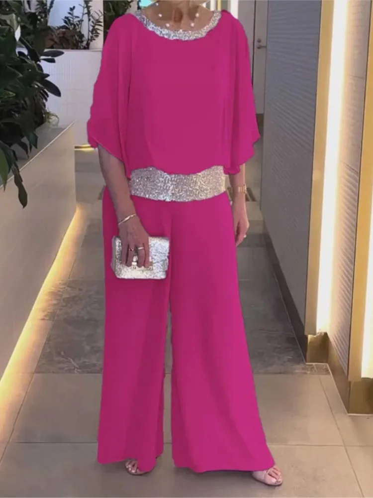 Fashion Sequined Pink Set For Women Elegant Office Lady O-neck Suit Summer Casual Bat Sleeve Top + Wide Leg Pants 2-piece Sets