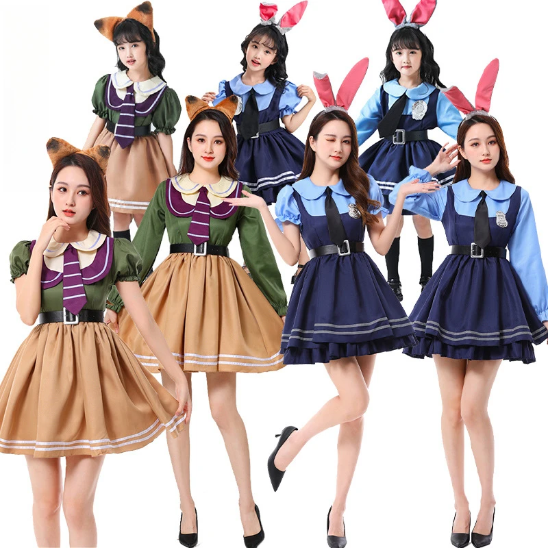 

Halloween Cosplay Zootopia Judy Nick Dresses Kids Adults Costume Outfits with Headpieces for Party Theme Stage Performance Set