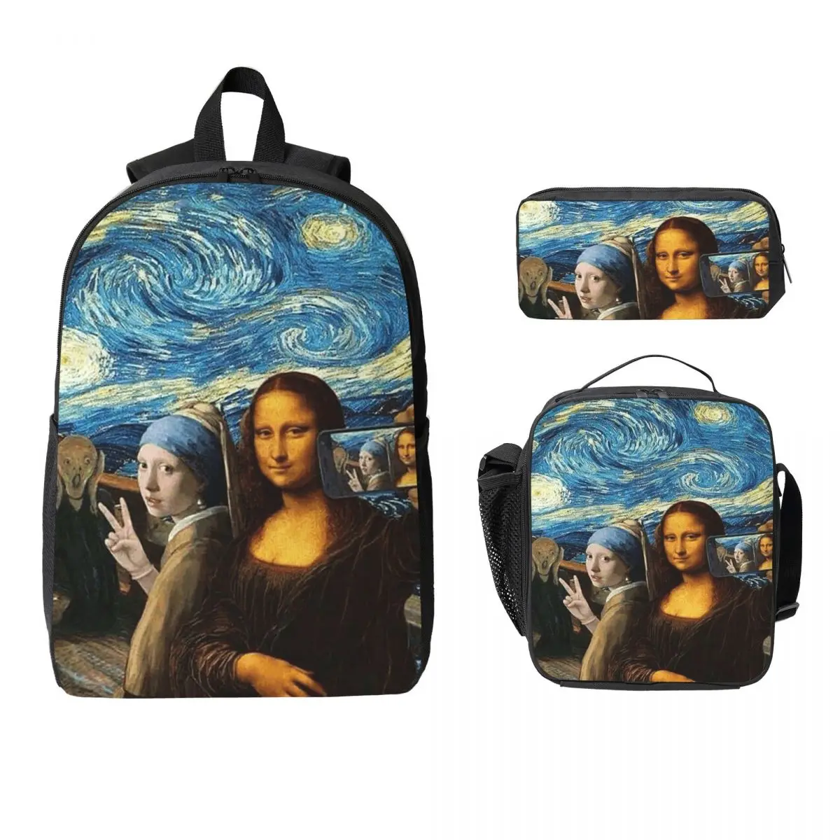 

Starry Night By Mona Lisa And Vincent Van Gogh Backpack Student Boys Girl BookBag School Bag 3ps Insulated Lunch Bag Pencil Case