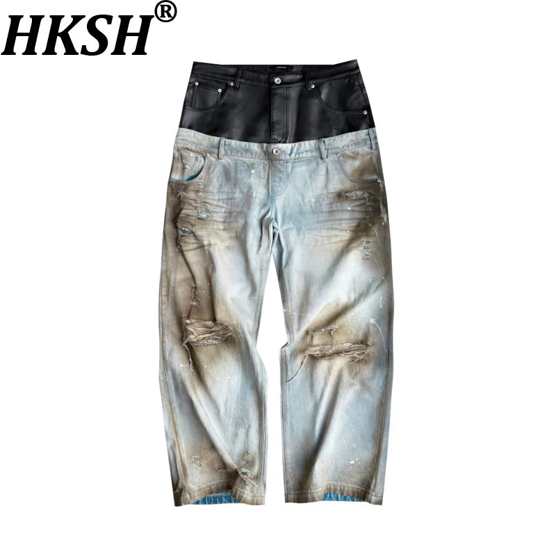 

HKSH Spring Autumn New Men Tide Double Waist PU Patchwork Denim Pants Spray 3D Wrinkled Distressed Waxed Destroyed Jeans HK18463