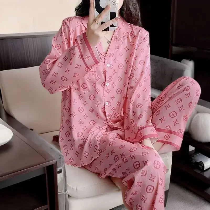 Pajamas Women\'s Clothing Suits Spring Thin Ice Silk Cardigan Home Soft Cozy Simple Relaxed Casual Skinny Warm Freshness Sweet