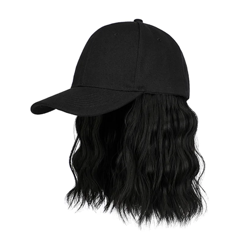 New Fashion Hat Hair Extensions Medium Long Ladies Curly Wigs Hats Connected Head Cover Synthetic Peaked Cap Wig For Women