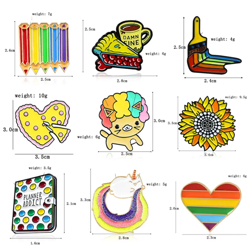 Rainbow series Heart Brush Pencil Brooch Colourful DAMN FINE Pie Coffee Pizza book flower Enamel pins Badges for Women Jewelry