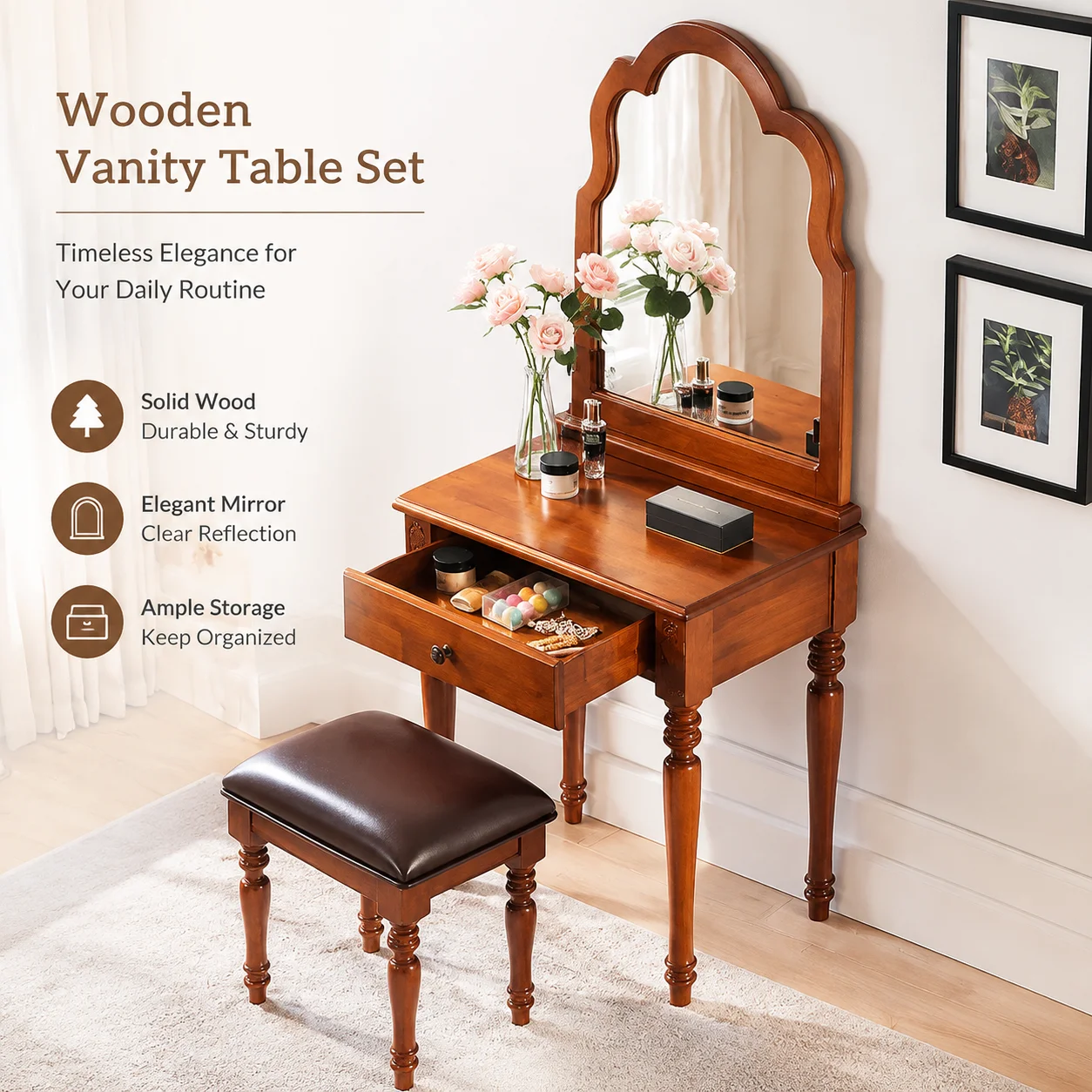 Vintage-Style Wooden Dressing Table with Drawers – Makeup Vanity for Bedroom Decor
