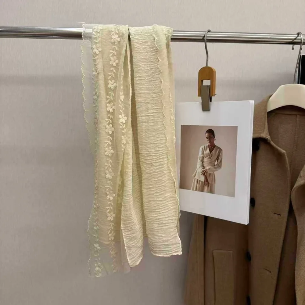Versatile Cotton Linen Lace Patchwork Scarf Solid Color Long Thin Gauze Scarf Thin Breathable Shawl and Wrap for Women