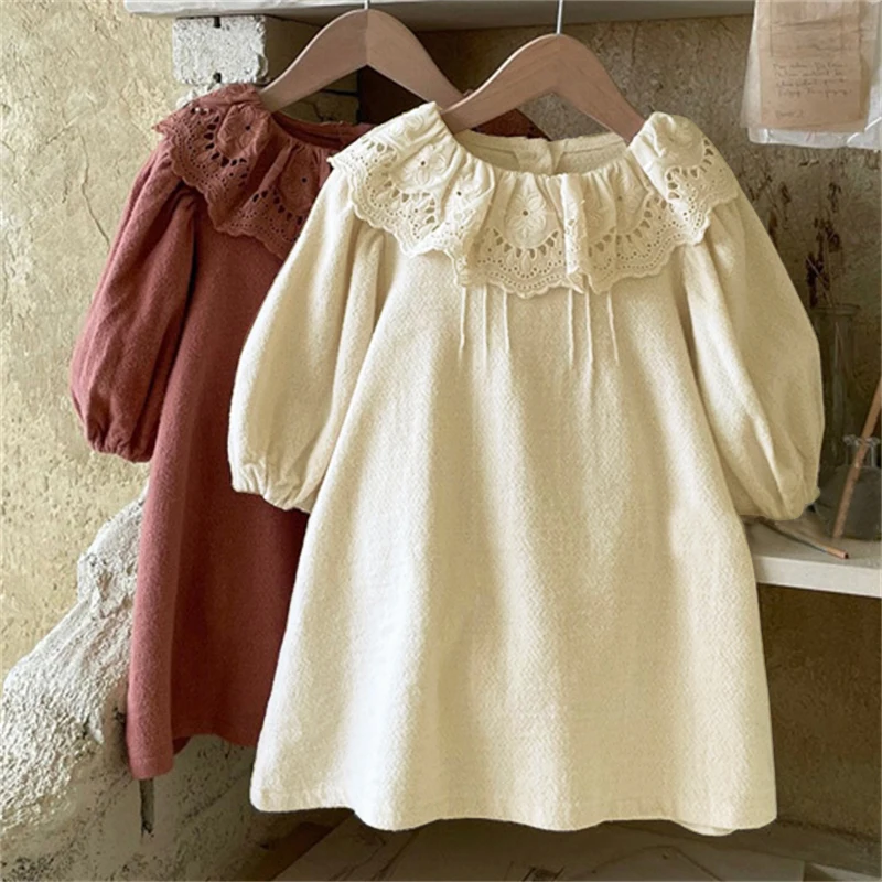 

Spring New Kids Dresses for Girls Korean Style Long Sleeve Lace Turn-down Princess Dress Children A-line Skirt Baby Girl Clothes