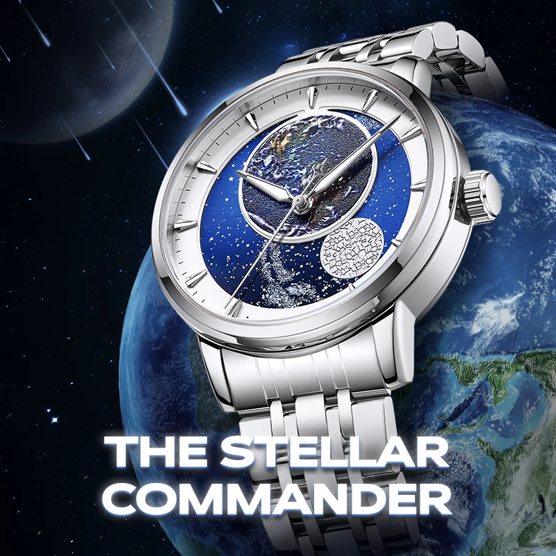 MARK FAIRWHALE Men's Watch Automatic Mechanical Earth Starry Sky Dial Metal Case Strap High-Transparency Glass Wristwatch