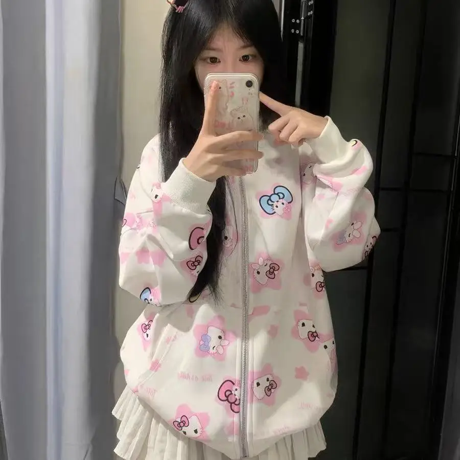 

Аниме-худи Hello Kitty: весенне-осенняя милая женская толстовка на молнии, повседневная свободная мягкая хлопковая верхняя одежда в стиле Ins