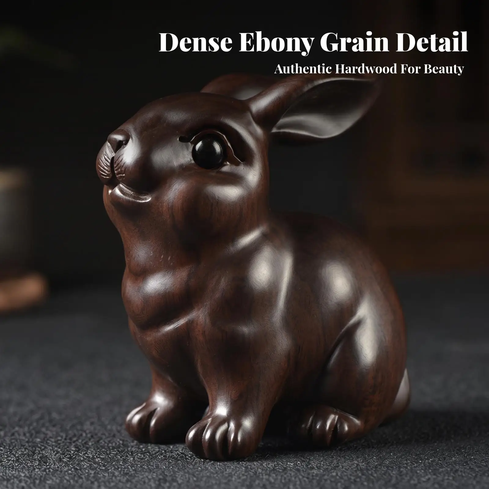 Ebony Wood Rabbit Figurine Hand Carved Bunny Statue Home Office Desk Decor Art Craft Gift