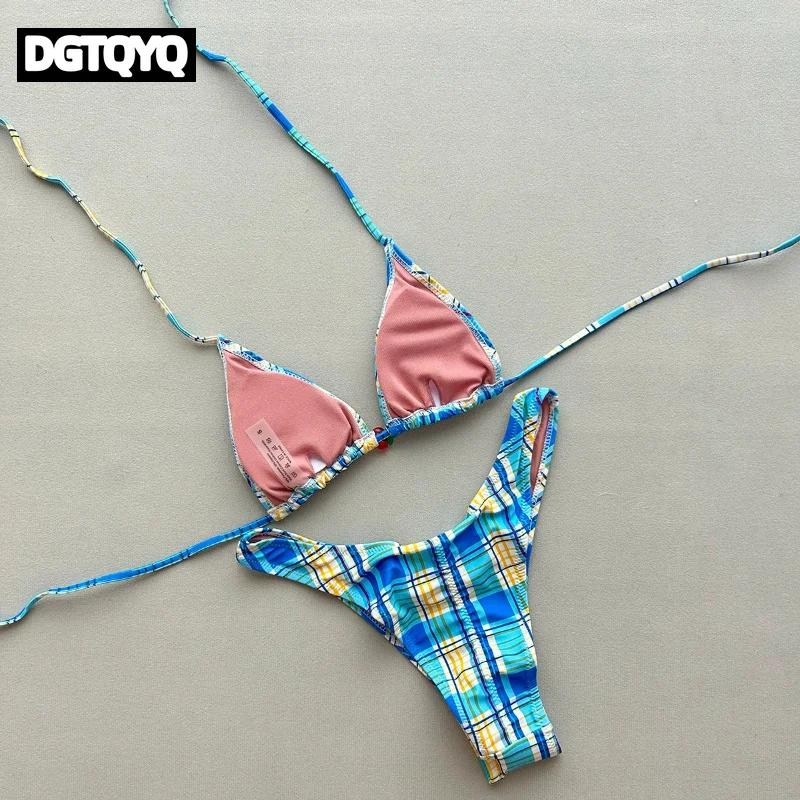 2026 Blue Striped Plaid Micro Bikinis Set Sexy Women Swimsuit Swimwear Female Brazilian Biquini Bathing Swimming Suits Beachwear