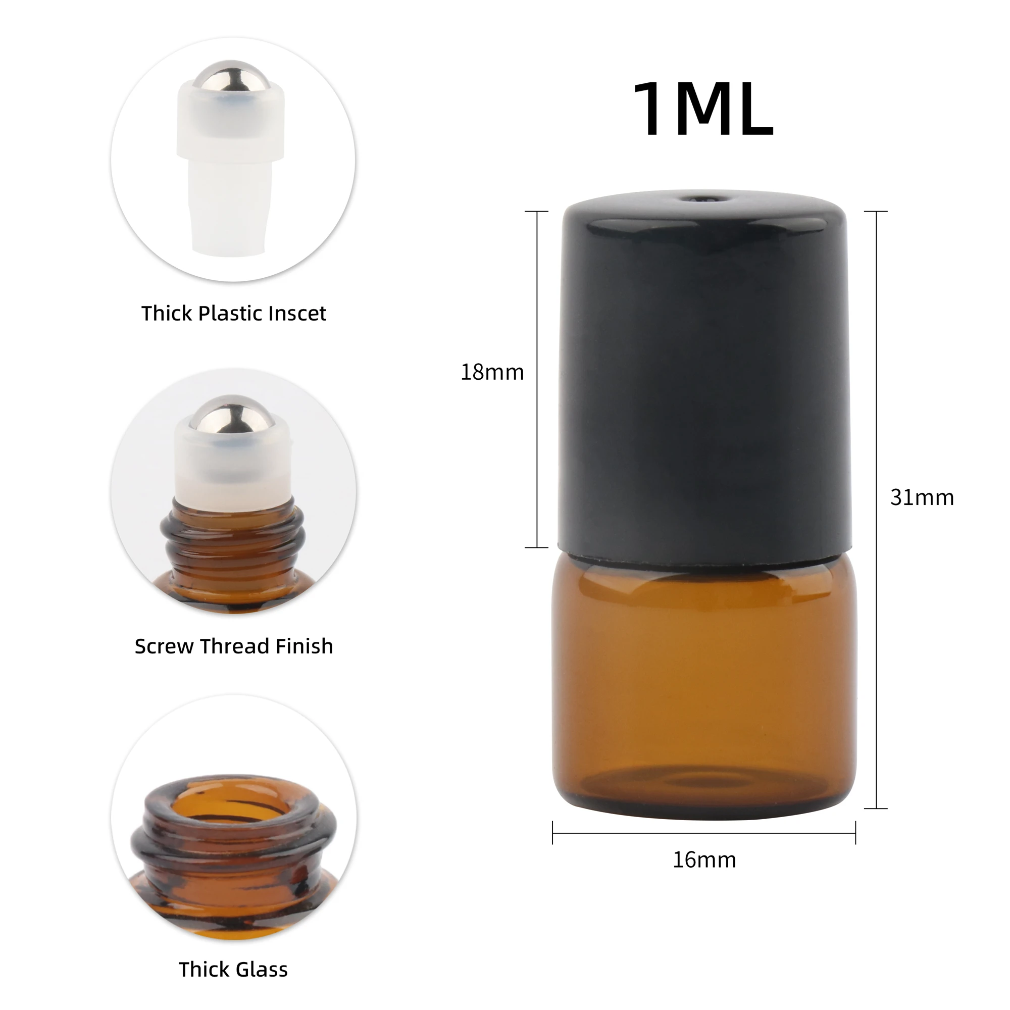 100pcs 1ml 2ml 3ml Amber Thin Glass Roll on Bottle Sample Test Essential Oil Vials with Roller Metal Ball Makeup Tools