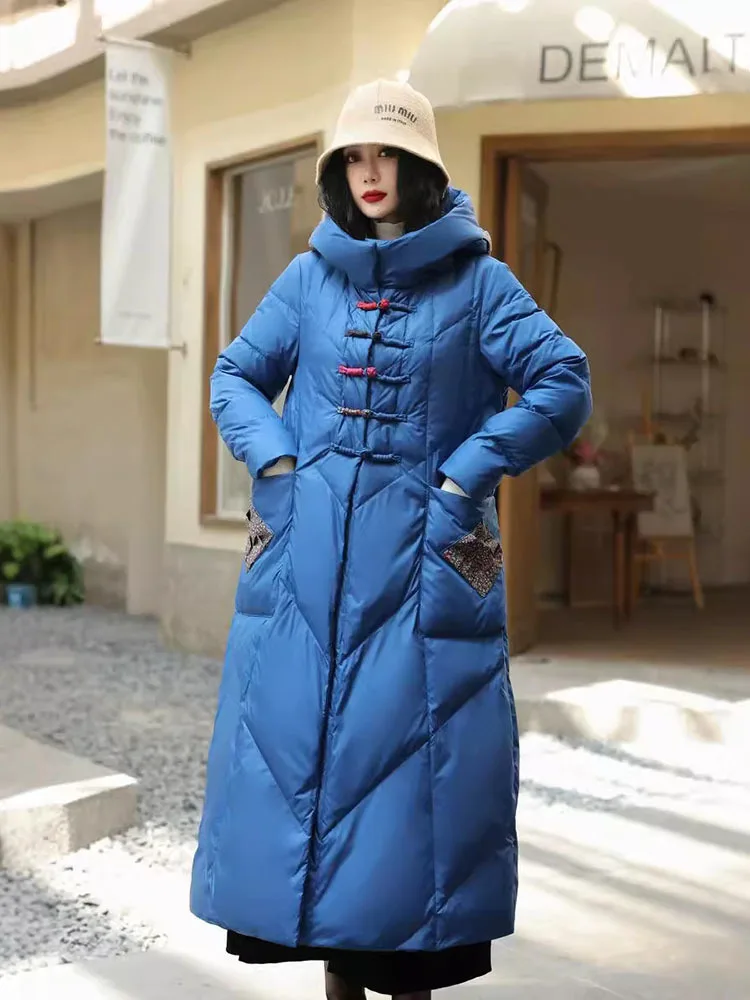 Women's Long Over-the-knee Hooded Down Jacket Thick Warm Loose Jacket White Duck Down Snow Wear Outwear Casual Fashion NewWinter