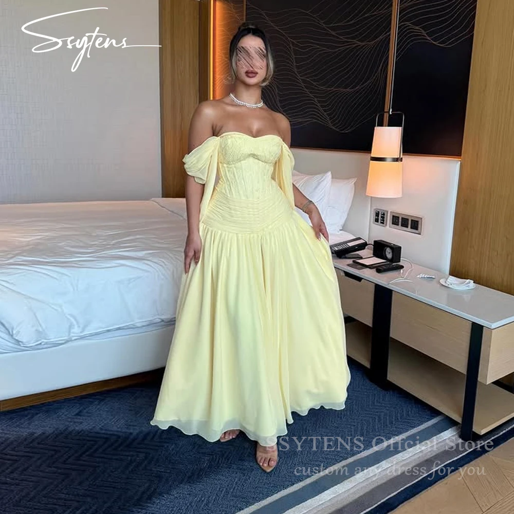 

SSYTENS Elegant Vestido De Fiesta Long Dubai Evening Dresses Off the Shoulder Pleats Dubai Women Formal Occasion Gown Customized