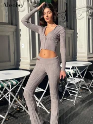 Absobe Knitted Zipper Crop Hooded Sweater Flare Pants Set Women Long Sleeve Woolen Cardigan Spliced PU Trousers Slim Y2K Outfit