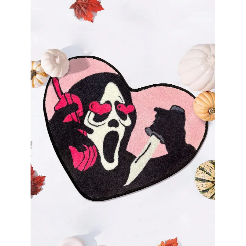 Heart-Shaped Skull Carpet Soft and Comfortable Halloween Decorative Floor Mat Bedside Rug Bathroom Foot Mat Home Decor