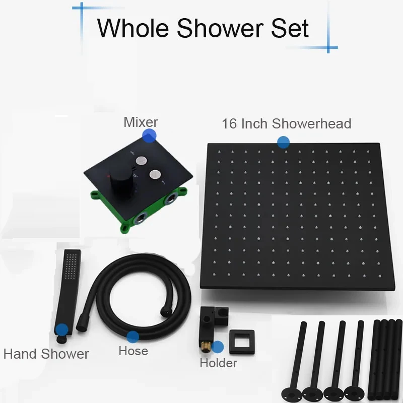 

16-дюймовый светодиодный душевой набор для ванной комнаты, черная душевая лейка с эффектом дождя, термостатическая кнопка, 2 функции, смесительный клапан