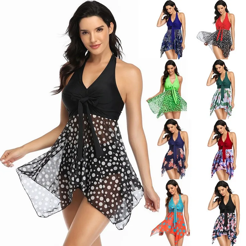 Swimwear Woman 2025 Bikini Sleeveless V Neck Bikinis Halter Neck Front Knot Tie Swimsuit Sheer Mesh Skirt Two Piece Swimsuit