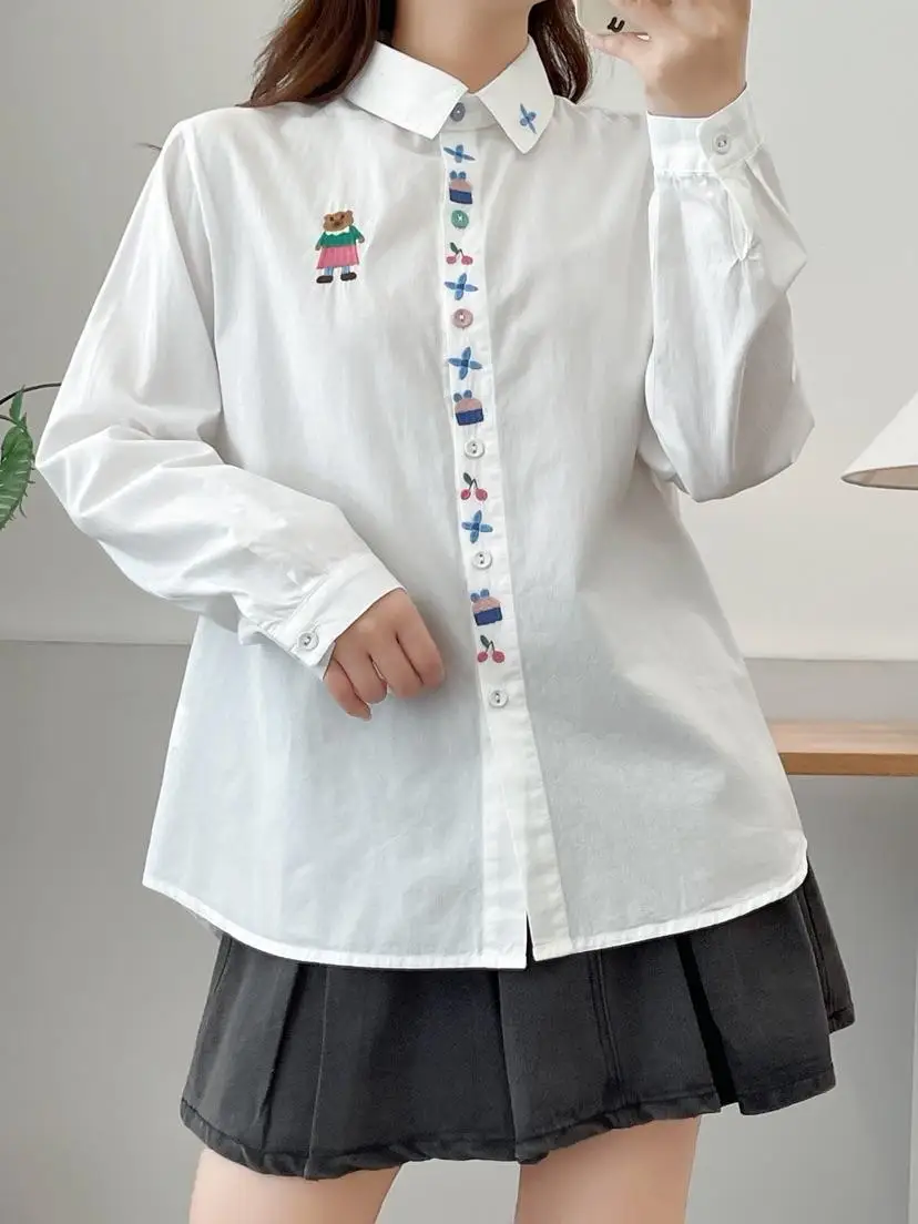 جديد 2025 الخريف قميص قطني بكم طويل ، المرأة التلبيب التطريز مخطط ، موري فتاة الحلو تخفيض العمر بلوزة فضفاضة T58520CC