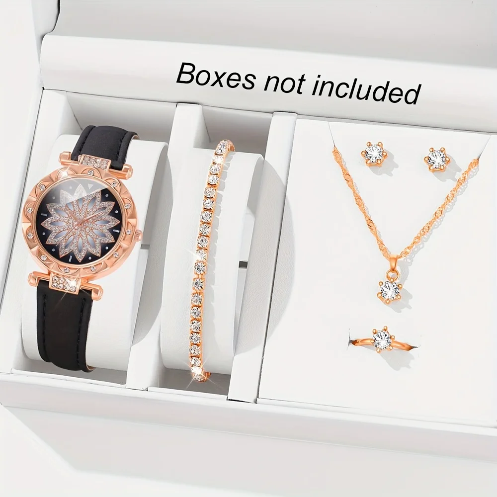 

5pcs Women's Shiny Watch Rhinestone Flower Quartz Watch And Jewelry Set - Perfect Gift For Mom