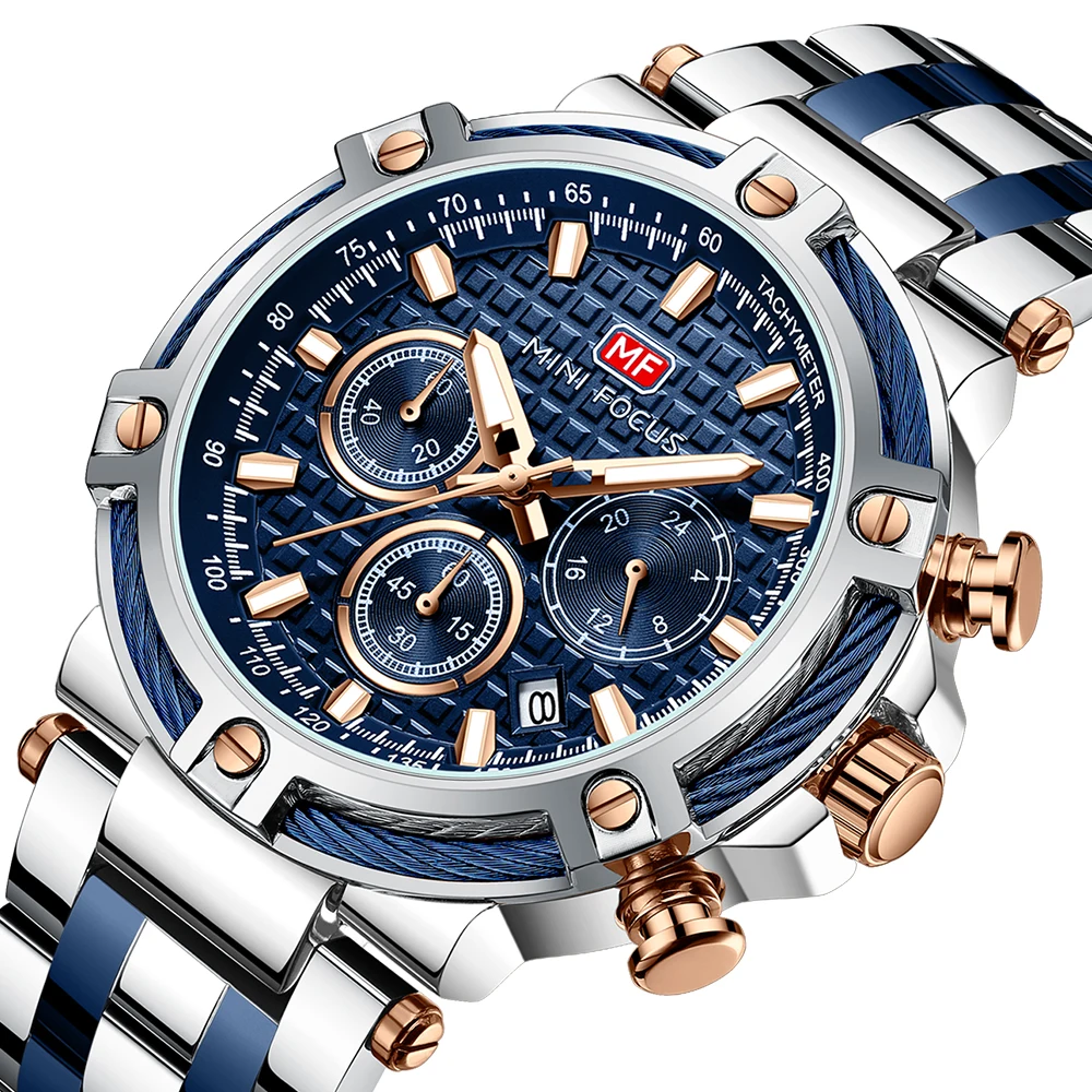 MINI FOCUS Men's Business Quartz Watch Luminous Stainless Steel Strap 30M Water Resistant Fashion Wristwatch