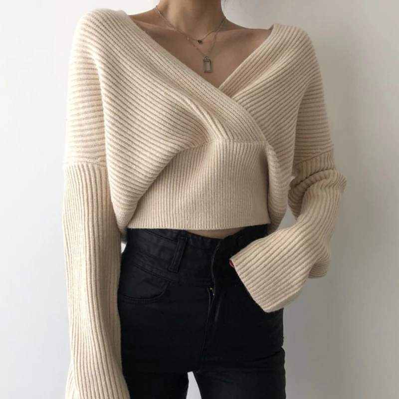 Chic Herbst Winter Retro Sle frauen Gestrickte Pullover Tiefem V-Ne Kreuz Lange Sve ort Länge Faionable Und Sexy