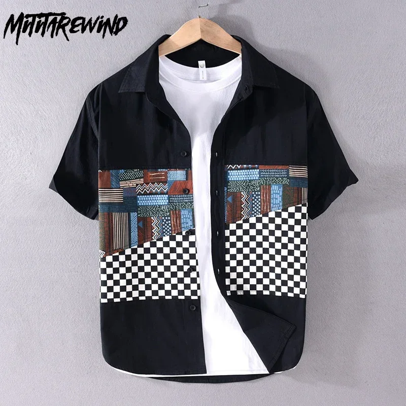 

100% Cotton Short Sleeve Mens Shirts Summer Fashion Black Shirt Men Plaid Patchwork Shirt Youth Japanese Streetwear Loose Tops