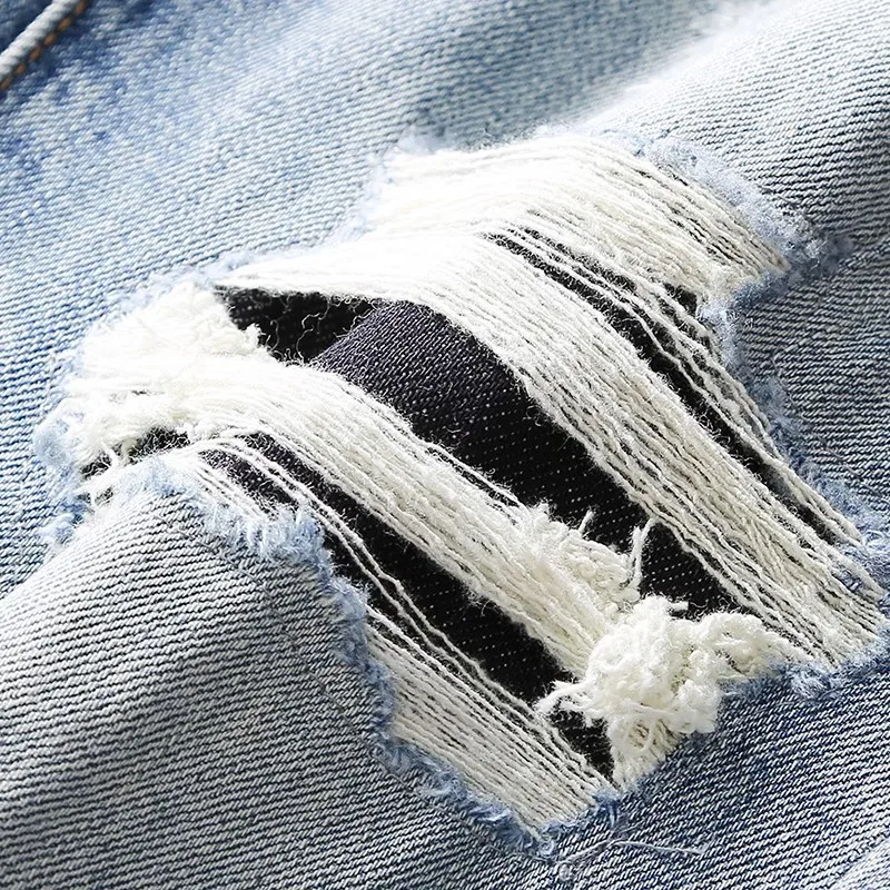 Fashion Streetwear Men Jeans Retro Light Blue Stretch Slim Fit Ripped Jeans Men Patched Designer Hip Hop Denim Pants Hombre