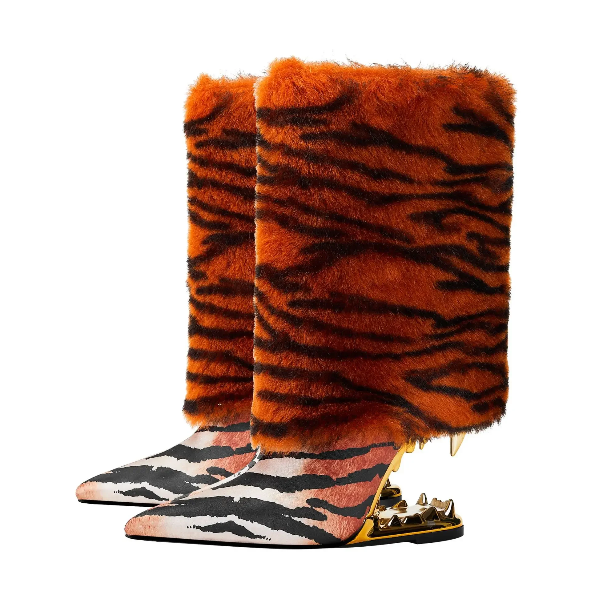 2024 Tiger Camo Botas With Faux Fur Tiger Teeth Heels Mid-Calf Boots Pointed Toe Women Shoes Leather Zapatos Para Mujeres Autumn