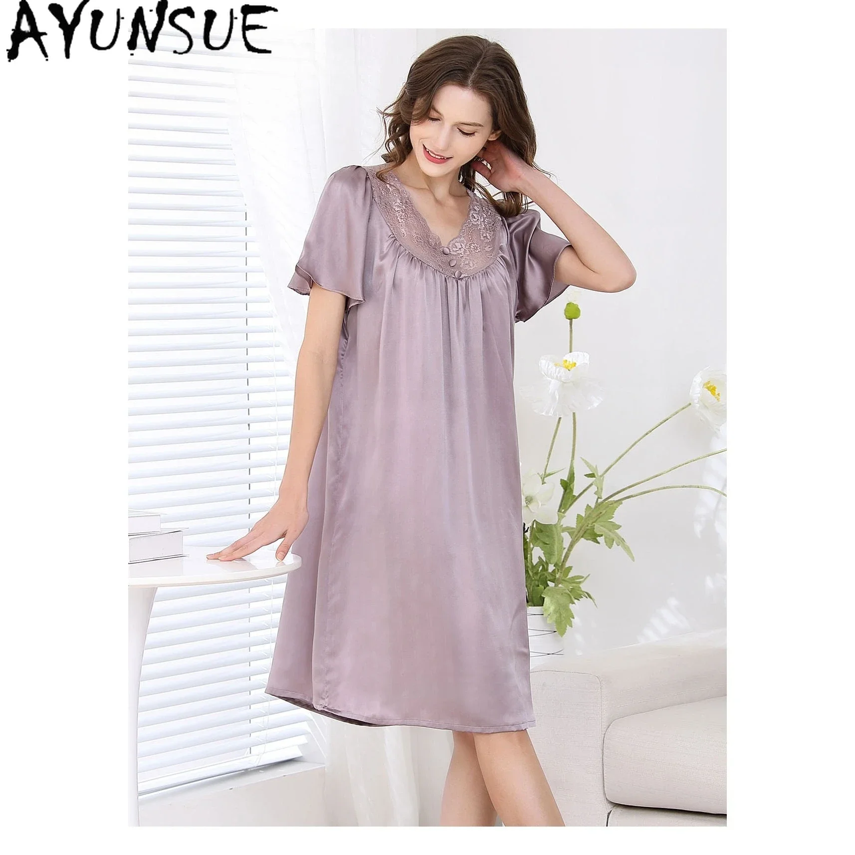 AYUNSUE 19MM 100% Mulberry Silk Night Dress Woman Sleepwear Women Spring Summer Home Clothes Casual Short Sleeve Vestidos Mujer