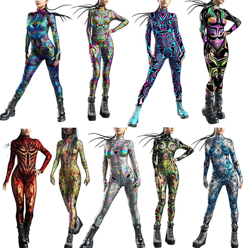NEW Women Bodysuit Cosplay Fashion 3D Printing Zentai Skinny Long Sleeve Slim Jumpsuit Outfit Halloween Catsuit for Adult Men