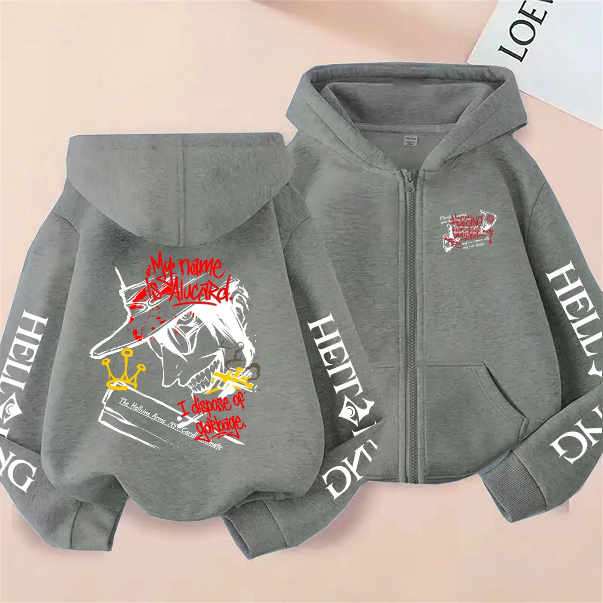 Anime Hellsing Vampir Alucard Grafik-Reißverschluss-Hoodie für Männer und Frauen, Manga Oversized Streetwear, Gothic Rock Zip-Up Jacke – Detail 5