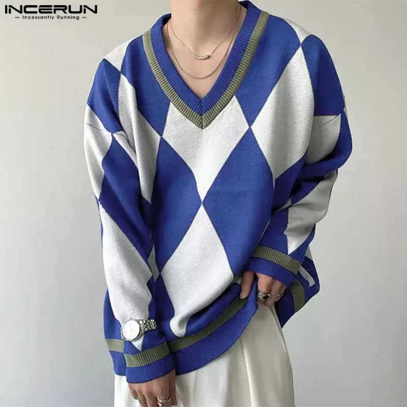 Men Long Sleeve Knitted Sweatshirts INCERUN Diamond Lattice Printing Hoodies V-Neck Simple Pullovers Handsome Commuting Jumpers