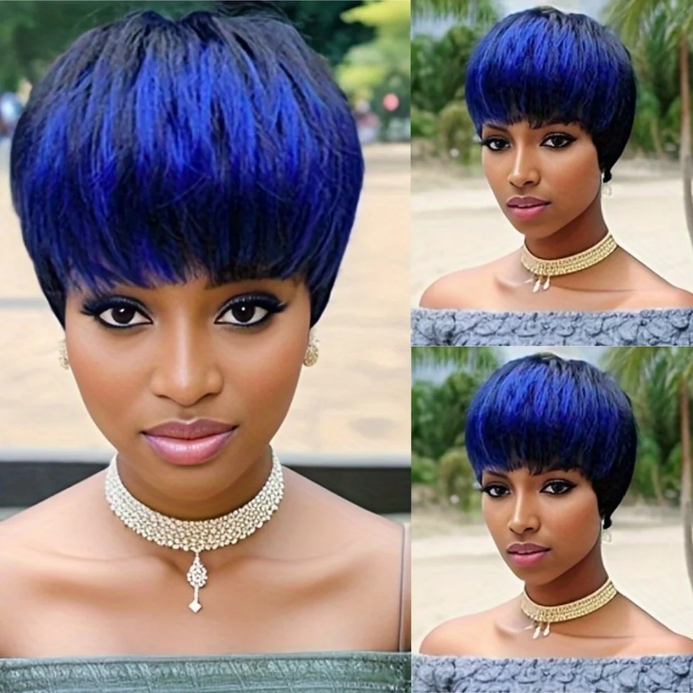 

Короткие синие прически, синтетические парики для женщин, синий и черный смешанный парик с стрижкой пикси, короткие волнистые многослойные парики из волос