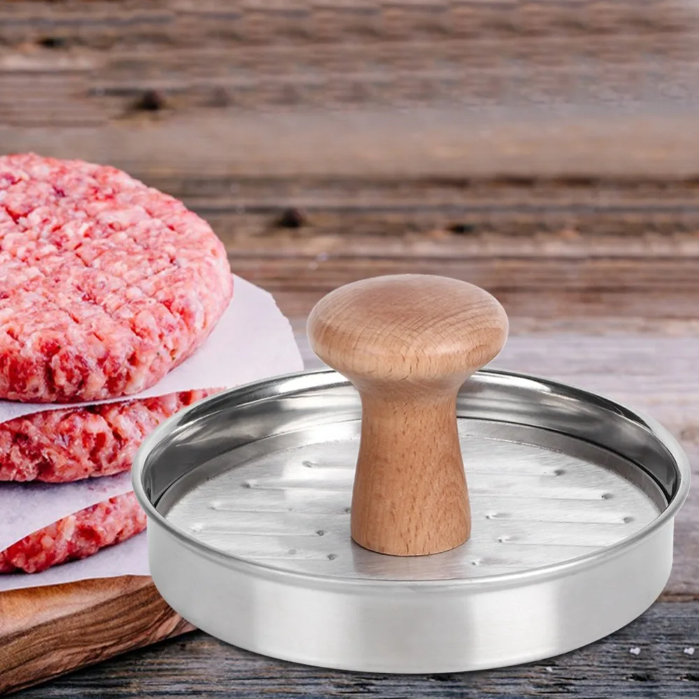 Stainless Steel Hamburger Press Silver Wooden Color Non-Stick Patty Maker Wood Handle Simple Operation Meat Press Mold