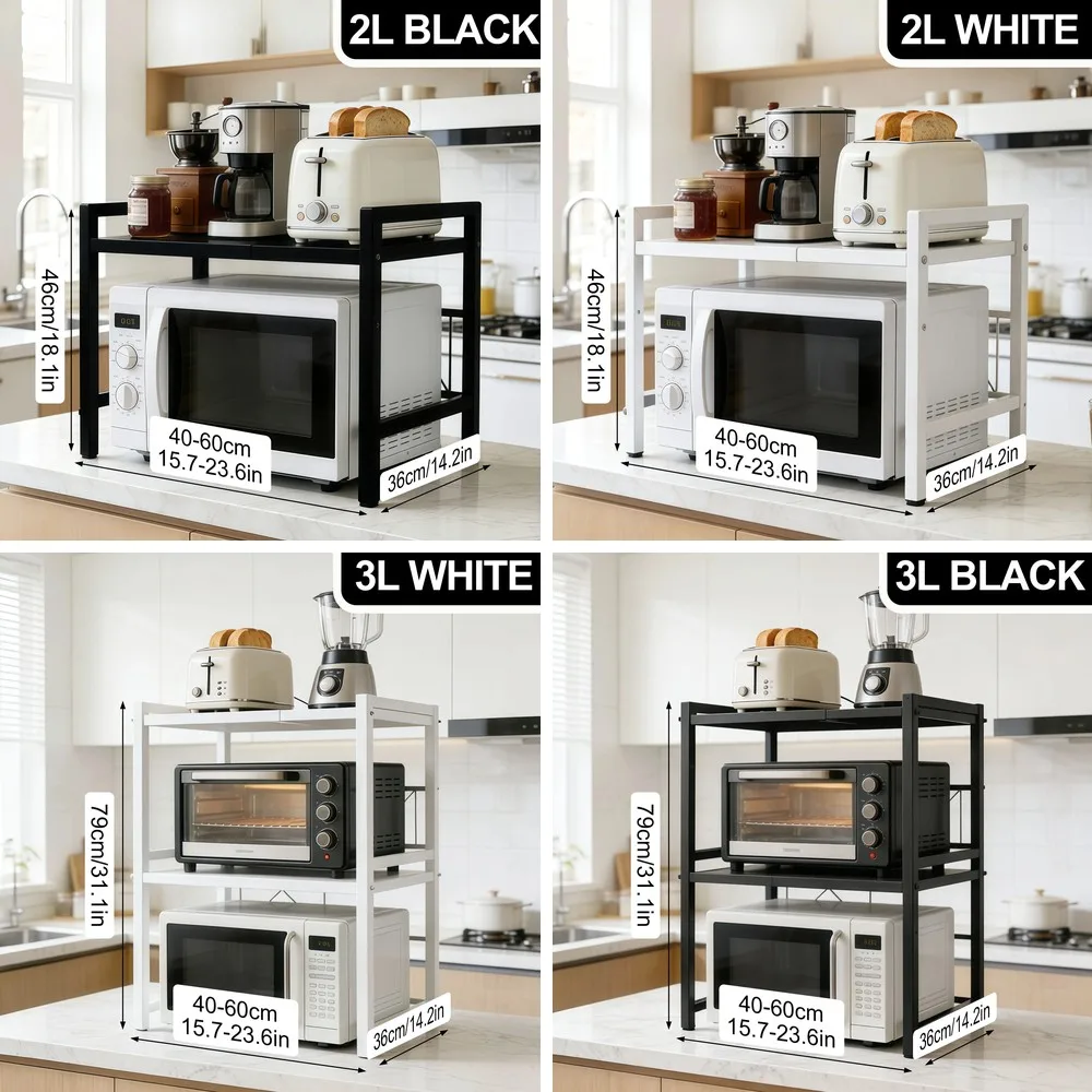 Expandable Microwave Shelf with 6 Hooks, 40-60cm Adjustable Kitchen Storage & Baking Rack Organizer