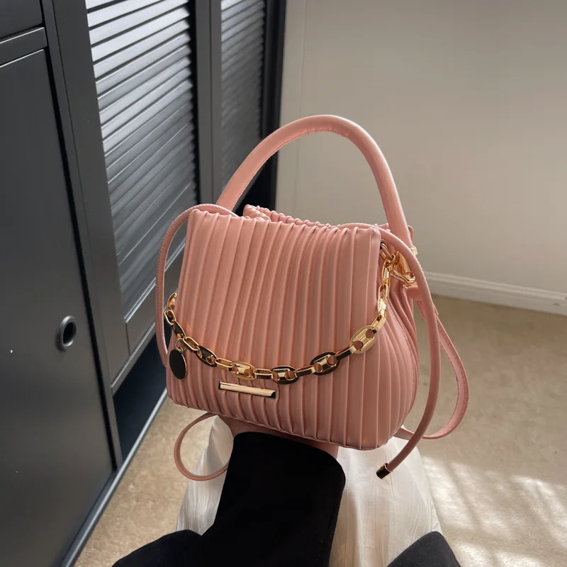 2024 New Trendy Mini Bucket Bags for Women Solid Color Pleated Design Soft Crossbody Bag Female Short Handle Handbags