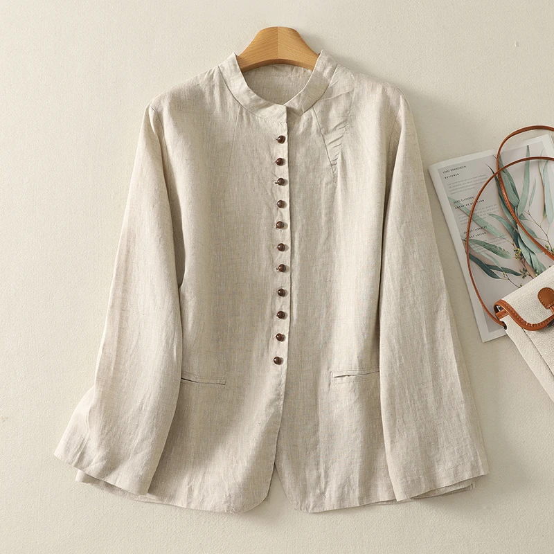 New Chinese Style Ultra Slimming Vintage Money Long Sleeve Stand Collar Shirt Cardigan Outerwear for Women Cotton Autumn Wear