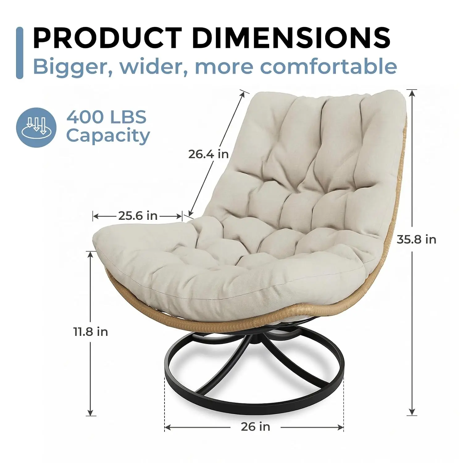 #Outdoor Rattan Swivel Chair Thick Cushion, 360° Rotating Wicker Patio Lounge Chair, Steel Base for Backyard Balcony, Customized