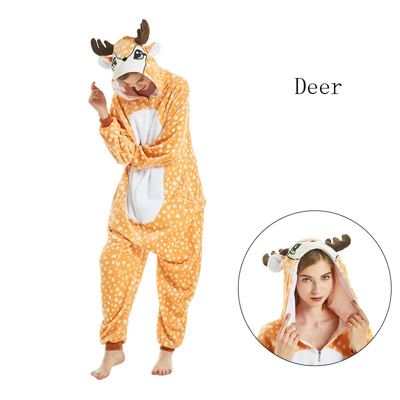 Kigurumi Deer Fox Lion Tiger Animal Cartoon Onesies Flannel Pajamas Women Men Hooded Sleepwear Jumpsuits Anime Cosplay Costumes