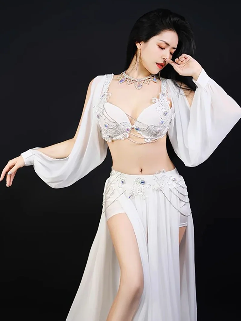 Women Belly Dance Sets Long Sleeve Diamond Slit Large Swing Satin Fringe Skirt with Chain Competition Performance Dancewear