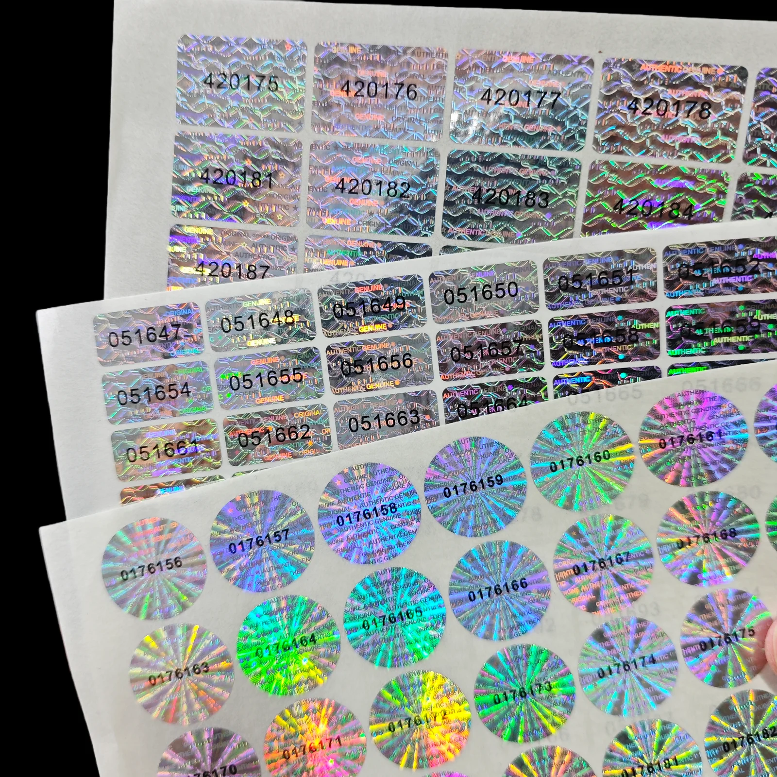 392 pezzi/378 pezzi Etichetta sigillata ologramma antimanomissione con numeri seriali unici neri, adesivi originali autentici