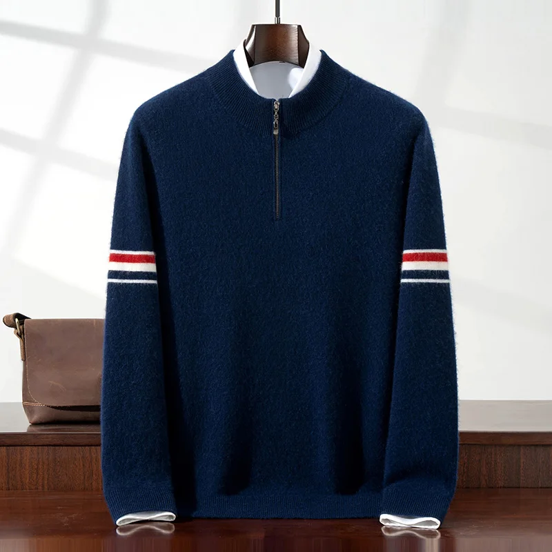 CHICUU 남성용 100% 캐시미어 스웨터 목폴라 지퍼 줄무늬 소매 풀오버 가을 겨울 프레피 스타일 두꺼운 따뜻한 캐시미어 니트