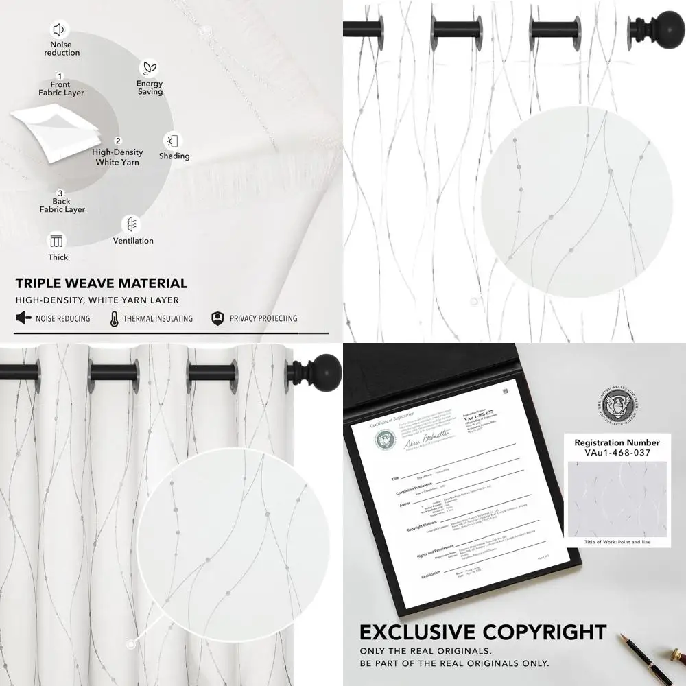 ستائر حلقية منقوشة باللون الفضي، أبيض نقي، عرض 52 بوصة × طول 84 بوصة