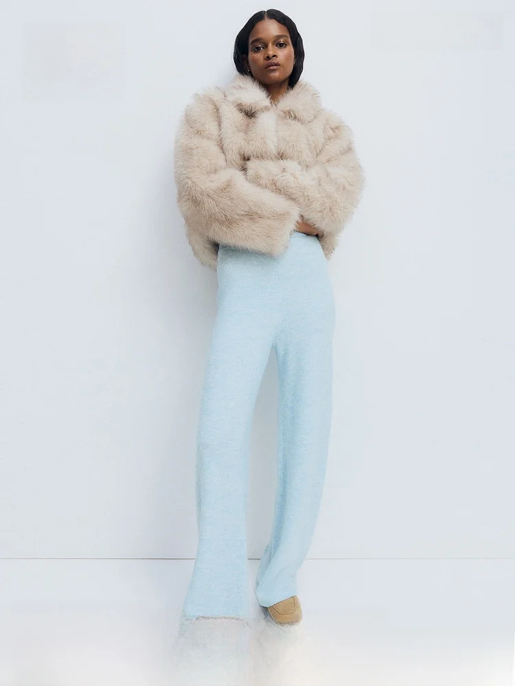 

Spring Women's High Waist Elastic Waist Knitted Long Pants Straight Leg Casual Trousers Comfortable Stretchy Wool Blend