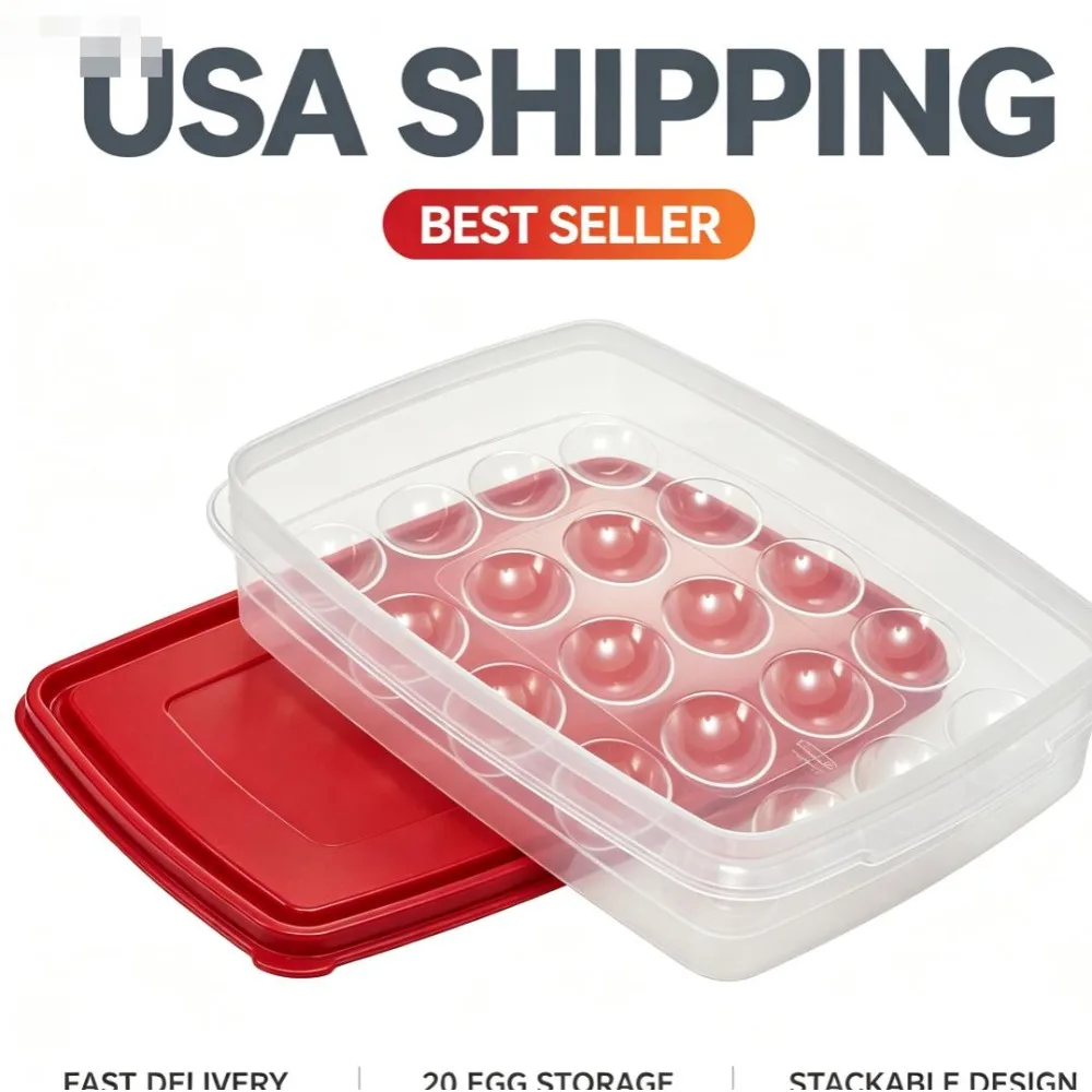 Clear Red 20 Jumbo Egg Storage Box Portable Shockproof Egg Carrier Dishwasher Safe Refrigerator Organizer