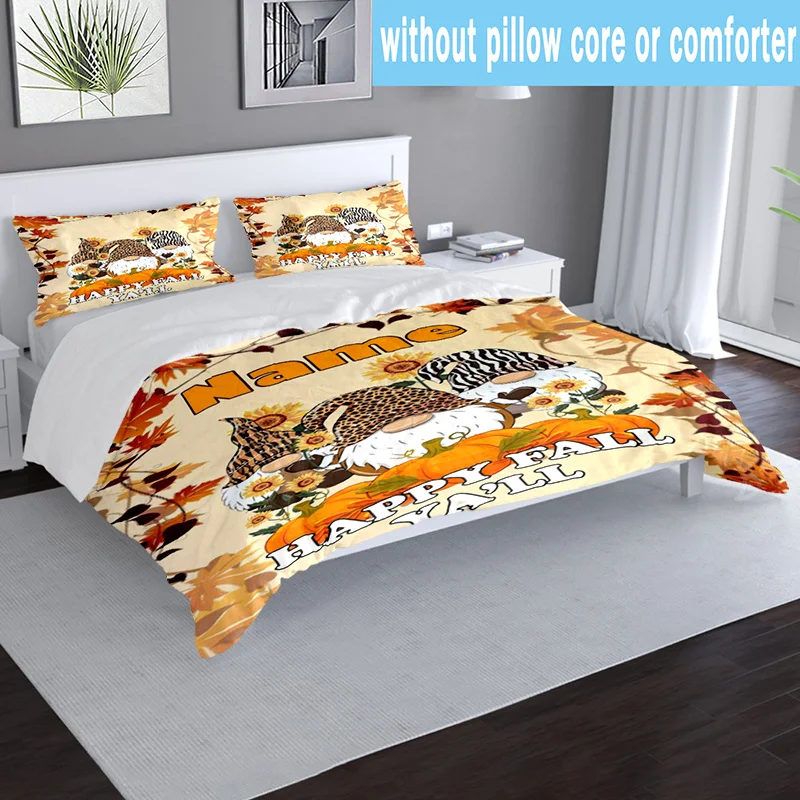 Happy Autumn Gnome Duvet Cover Set, Three-Piece Bedding Set (1 Duvet Cover + 2 Pillowcases), Skin-Friendly Breathable Polyester Woven Bedding, Invisible Zipper Double Bed Bedding, Suitable for All Seasons, Easy to Clean, Durable, Wrinkle-Resistant, Cozy Home Decor, Student Dormitory, Christmas Gift