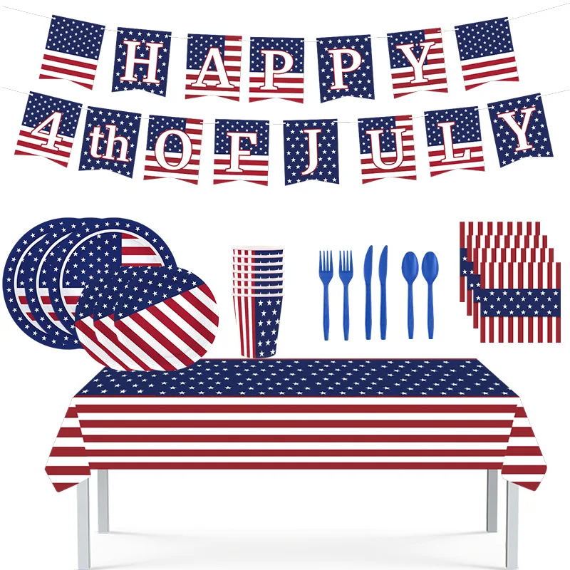 Independence Day Party Disposable Cutlery American Flag Plate Paper Cup For USA Birthday Party Supplies Patriotic Decorations