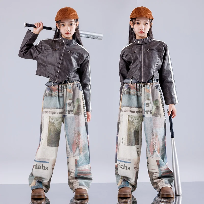 

Children Jazz Girls Clothes Hip-hop Outfits Coat Newspaper Cargo Pants Kids Jazz Dance Costume Catwalk Show Costumes DQL9807